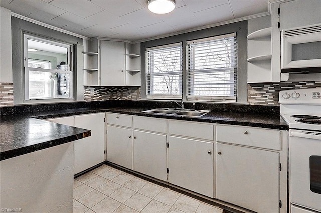 kitchen featuring open shelves, white appliances, a sink, and white cabinetry