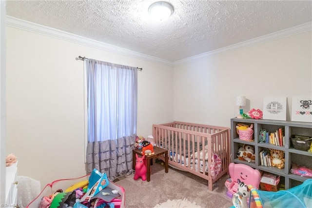 carpeted bedroom featuring a textured ceiling and ornamental molding