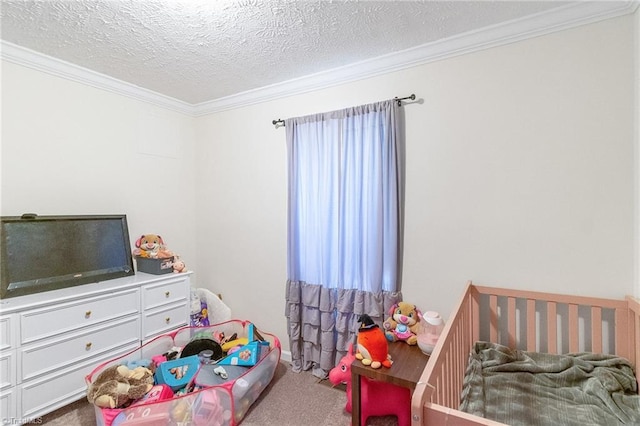 bedroom featuring a textured ceiling, ornamental molding, and carpet