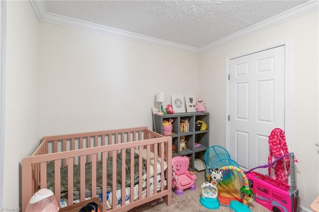 carpeted bedroom with a textured ceiling and ornamental molding