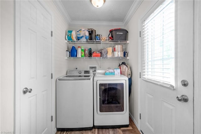 clothes washing area featuring laundry area, crown molding, a wealth of natural light, and washing machine and clothes dryer