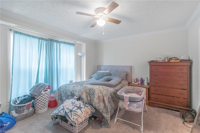 carpeted bedroom featuring crown molding, a textured ceiling, and multiple windows