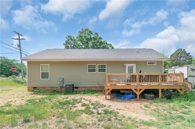 back of house featuring roof with shingles, central air condition unit, crawl space, and a deck