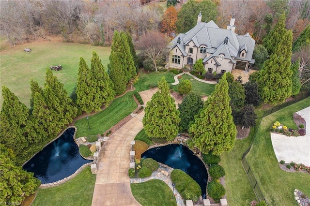 drone / aerial view featuring a water view