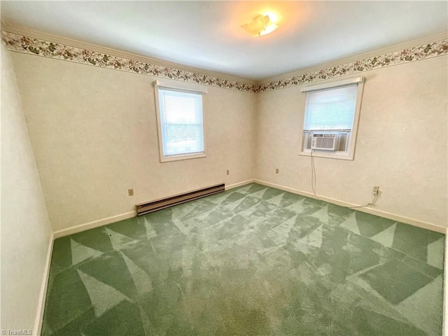 empty room featuring cooling unit, carpet, baseboard heating, and ornamental molding