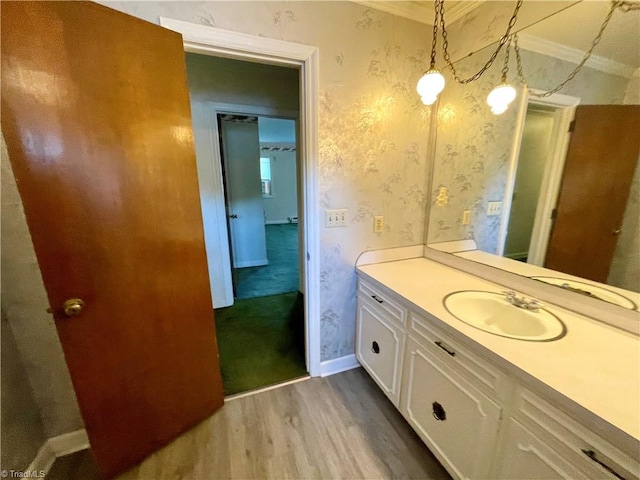 bathroom with vanity, wood-type flooring, and ornamental molding