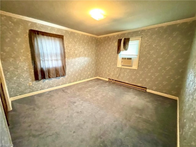 6327 Blazing Star Dr, Archdale, NC 27263 - unfurnished room featuring crown molding, cooling unit, baseboard heating, wallpapered walls, and carpet