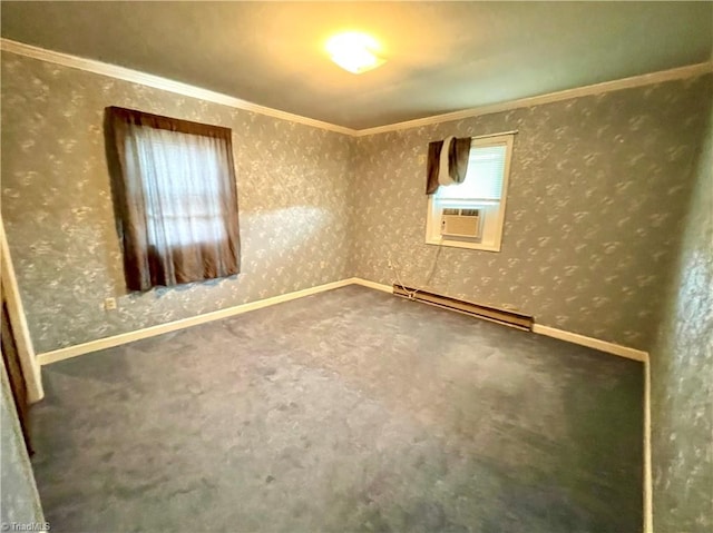 empty room with cooling unit, carpet, a baseboard radiator, and plenty of natural light