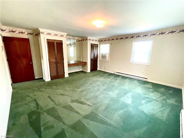 unfurnished bedroom featuring carpet, a baseboard heating unit, and cooling unit