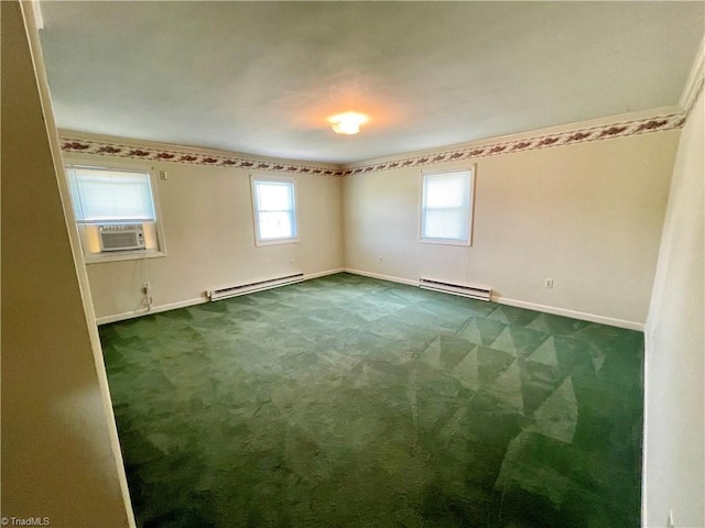 unfurnished room with a baseboard radiator, cooling unit, and carpet flooring