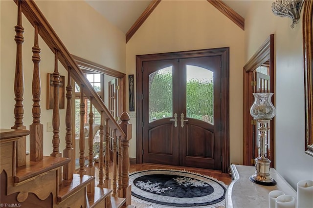 3705 Bradwyck Cir, Winston-Salem, NC 27104 - entryway with stairs, high vaulted ceiling, wood finished floors, and french doors