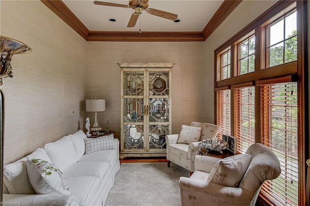 3705 Bradwyck Cir, Winston-Salem, NC 27104 - living room with ornamental molding and a ceiling fan