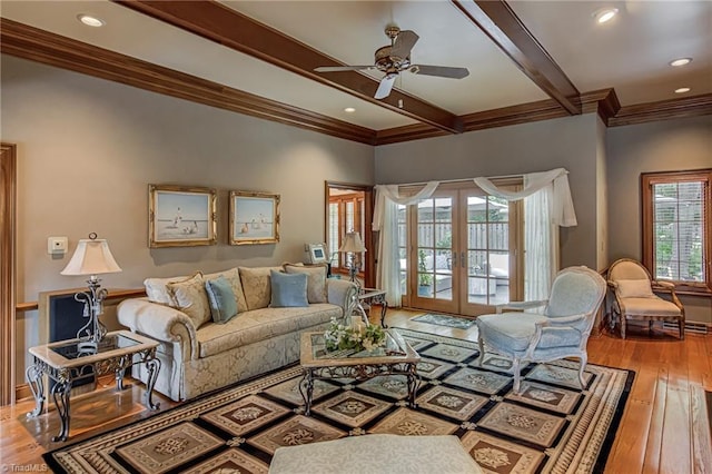 3705 Bradwyck Cir, Winston-Salem, NC 27104 - living room featuring french doors, beamed ceiling, a ceiling fan, crown molding, and hardwood / wood-style floors