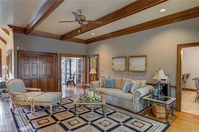 3705 Bradwyck Cir, Winston-Salem, NC 27104 - living room with ceiling fan, beamed ceiling, wood finished floors, and ornamental molding