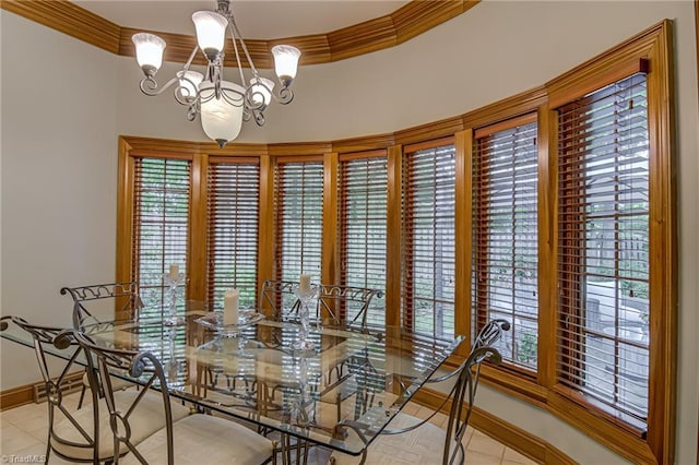3705 Bradwyck Cir, Winston-Salem, NC 27104 - dining area featuring a chandelier, crown molding, baseboards, and light tile patterned floors