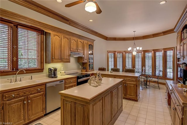3705 Bradwyck Cir, Winston-Salem, NC 27104 - kitchen featuring dishwasher, electric range, under cabinet range hood, light tile patterned flooring, and a sink