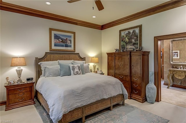 3705 Bradwyck Cir, Winston-Salem, NC 27104 - bedroom featuring crown molding, ceiling fan, light carpet, and recessed lighting