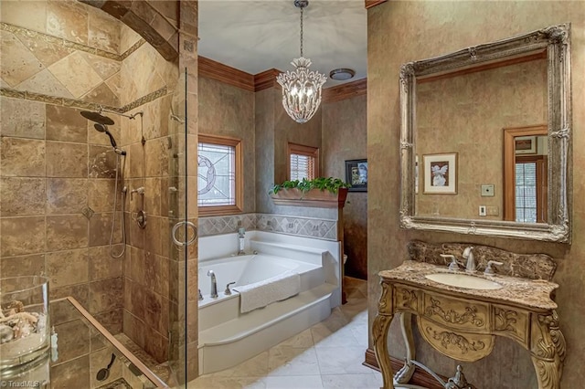3705 Bradwyck Cir, Winston-Salem, NC 27104 - bathroom with a stall shower, a bath, crown molding, a chandelier, and vanity