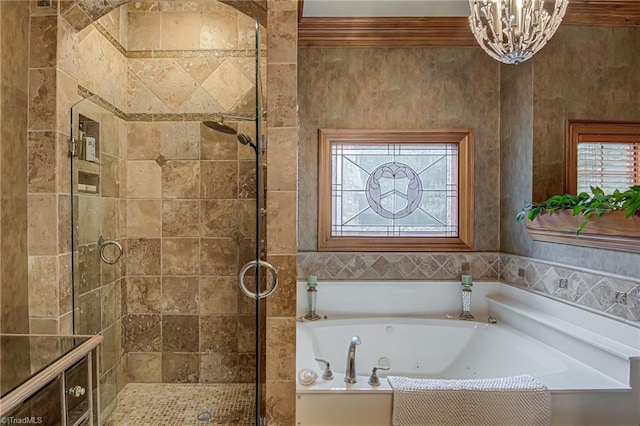 3705 Bradwyck Cir, Winston-Salem, NC 27104 - bathroom featuring a jetted tub, a shower stall, and a chandelier