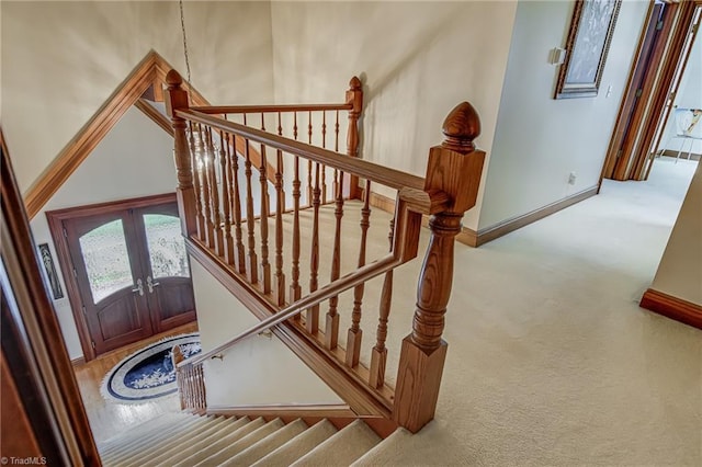 3705 Bradwyck Cir, Winston-Salem, NC 27104 - staircase with carpet, french doors, and baseboards