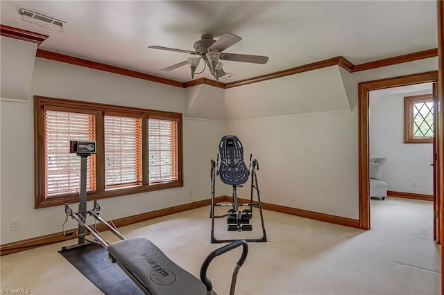 3705 Bradwyck Cir, Winston-Salem, NC 27104 - exercise area with carpet, ceiling fan, baseboards, and ornamental molding