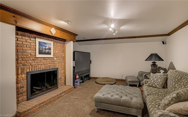 3705 Bradwyck Cir, Winston-Salem, NC 27104 - living room with ornamental molding, carpet, a fireplace, and baseboards