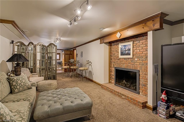 3705 Bradwyck Cir, Winston-Salem, NC 27104 - carpeted living area featuring crown molding, a brick fireplace, and baseboards