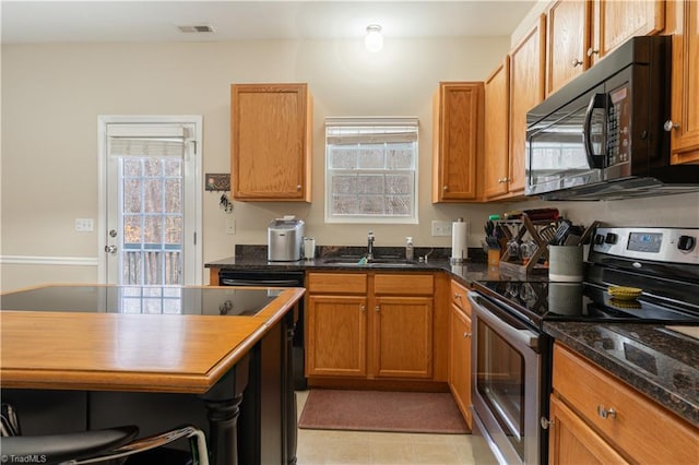 kitchen with sink, dark stone counters, a healthy amount of sunlight, and stainless steel electric range oven