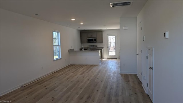 kitchen with sink, gray cabinets, light wood-type flooring, appliances with stainless steel finishes, and kitchen peninsula