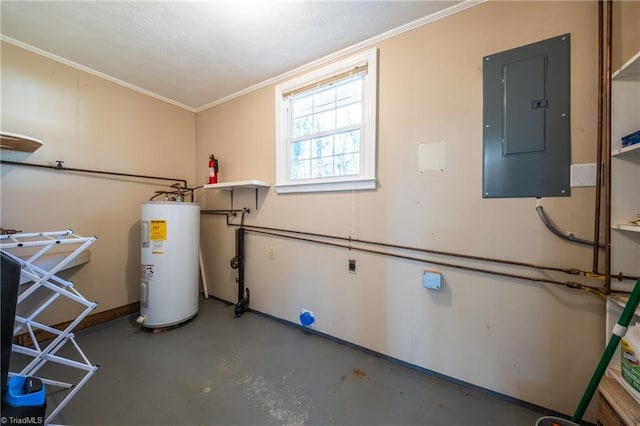 utility room featuring electric panel and water heater