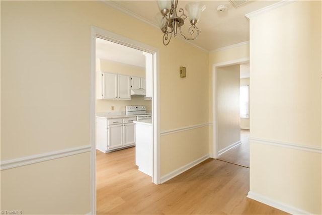 corridor featuring crown molding and light wood-style flooring