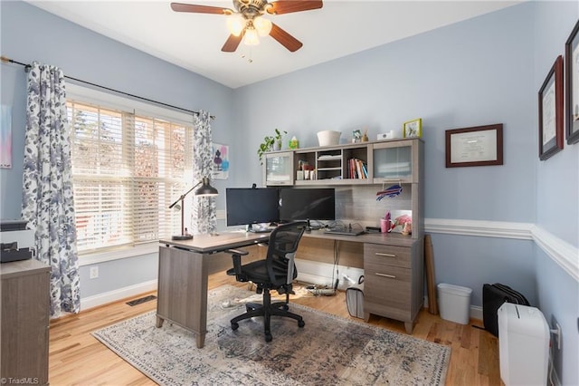 home office featuring ceiling fan and light wood-type flooring