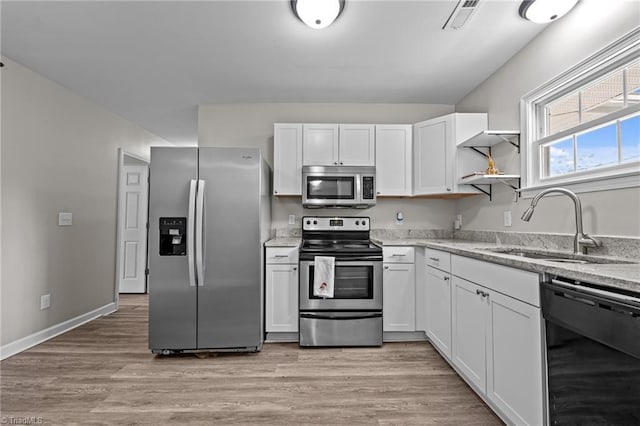 kitchen featuring open shelves, a sink, stainless steel appliances, white cabinetry, and visible vents
