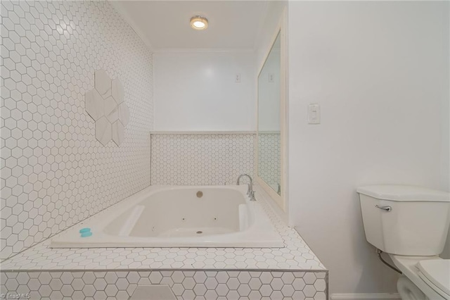 bathroom featuring a relaxing tiled tub and toilet