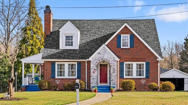 view of front of property featuring brick siding, roof with shingles, and a front yard