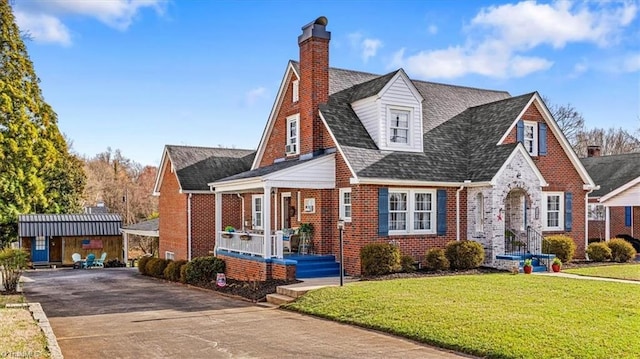 view of front of house featuring a porch, brick siding, a shingled roof, a chimney, and a front yard