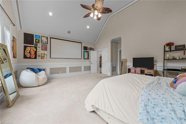 bedroom with carpet floors, high vaulted ceiling, a wainscoted wall, ceiling fan, and recessed lighting
