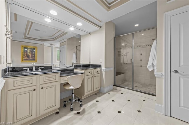 bathroom with recessed lighting, a stall shower, vanity, tile patterned flooring, and crown molding