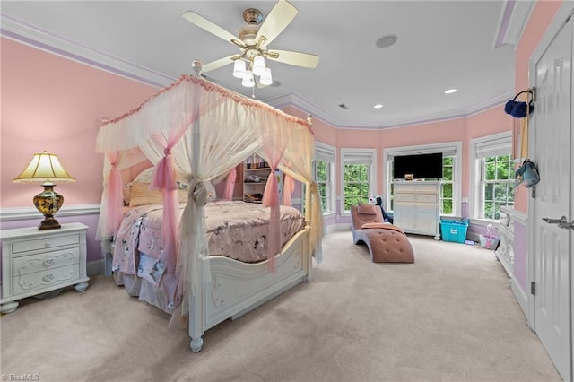 bedroom featuring carpet flooring, ornamental molding, a ceiling fan, and recessed lighting
