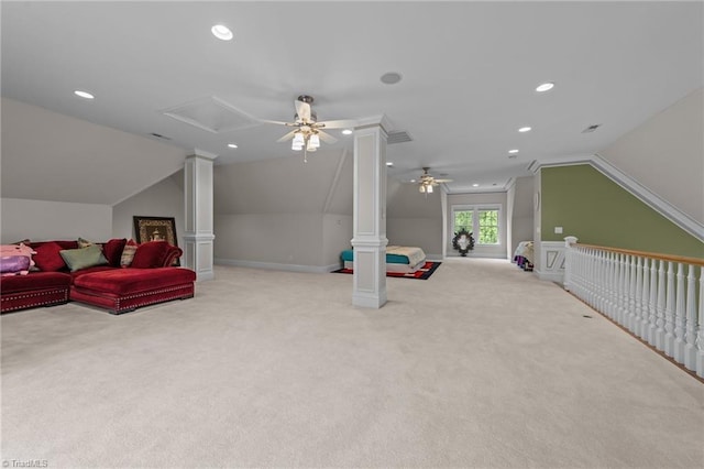 game room with a ceiling fan, lofted ceiling, light colored carpet, recessed lighting, and attic access