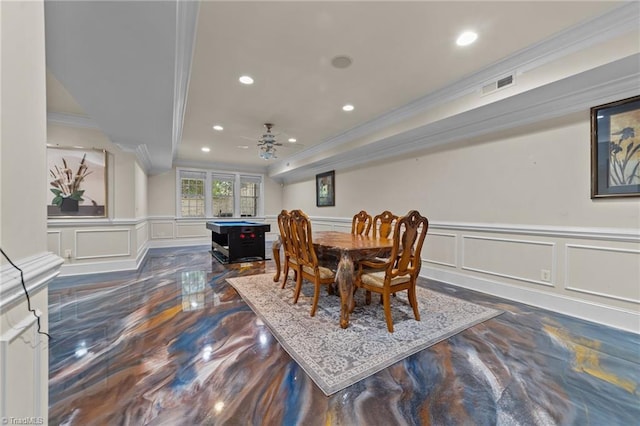 dining area with ornamental molding, a decorative wall, recessed lighting, a ceiling fan, and wainscoting