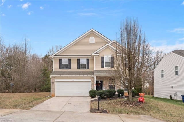 front of property with a garage and a front lawn