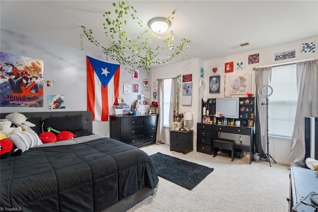 bedroom with light colored carpet