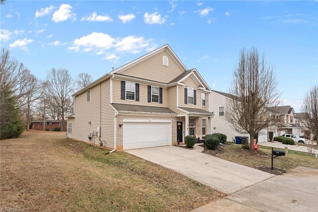 front of property with a garage and a front lawn