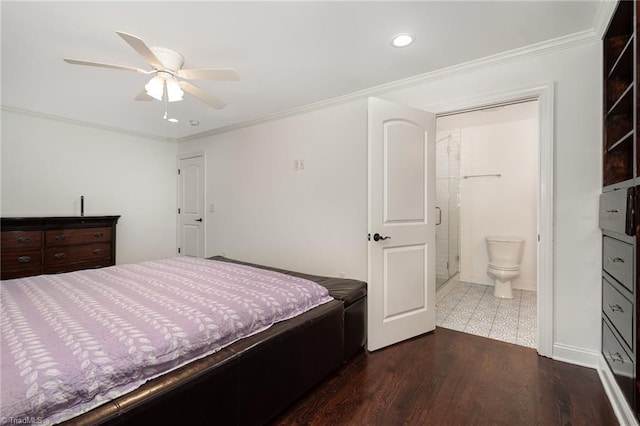 bedroom with ornamental molding, ensuite bath, recessed lighting, ceiling fan, and dark wood-style floors