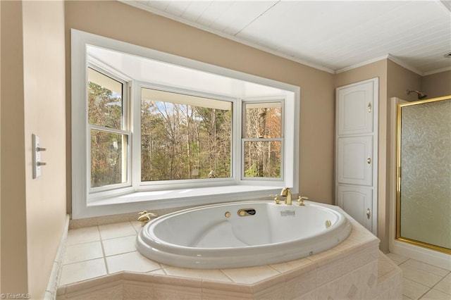 bathroom featuring tile patterned flooring, crown molding, and independent shower and bath