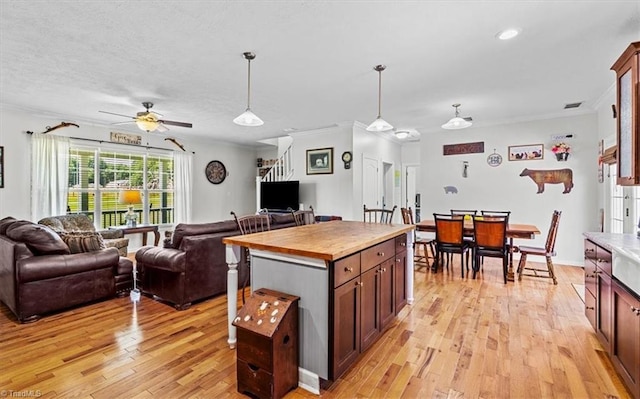 6770 Cotton Rd, Gibsonville, NC 27249 - kitchen featuring open floor plan, light wood-style floors, crown molding, hanging light fixtures, and ceiling fan