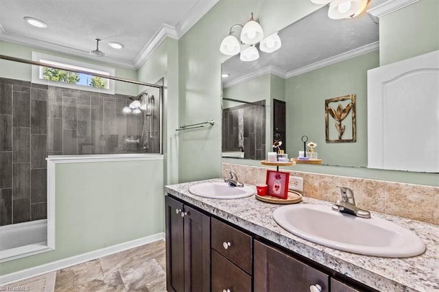 6770 Cotton Rd, Gibsonville, NC 27249 - full bathroom featuring a tile shower, double vanity, and crown molding
