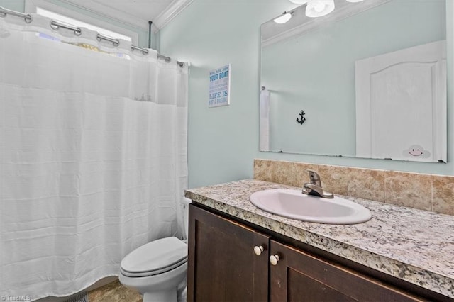 6770 Cotton Rd, Gibsonville, NC 27249 - bathroom with ornamental molding, vanity, and a shower with curtain