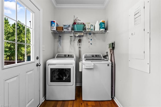 6770 Cotton Rd, Gibsonville, NC 27249 - laundry room with washing machine and clothes dryer, crown molding, and wood finished floors